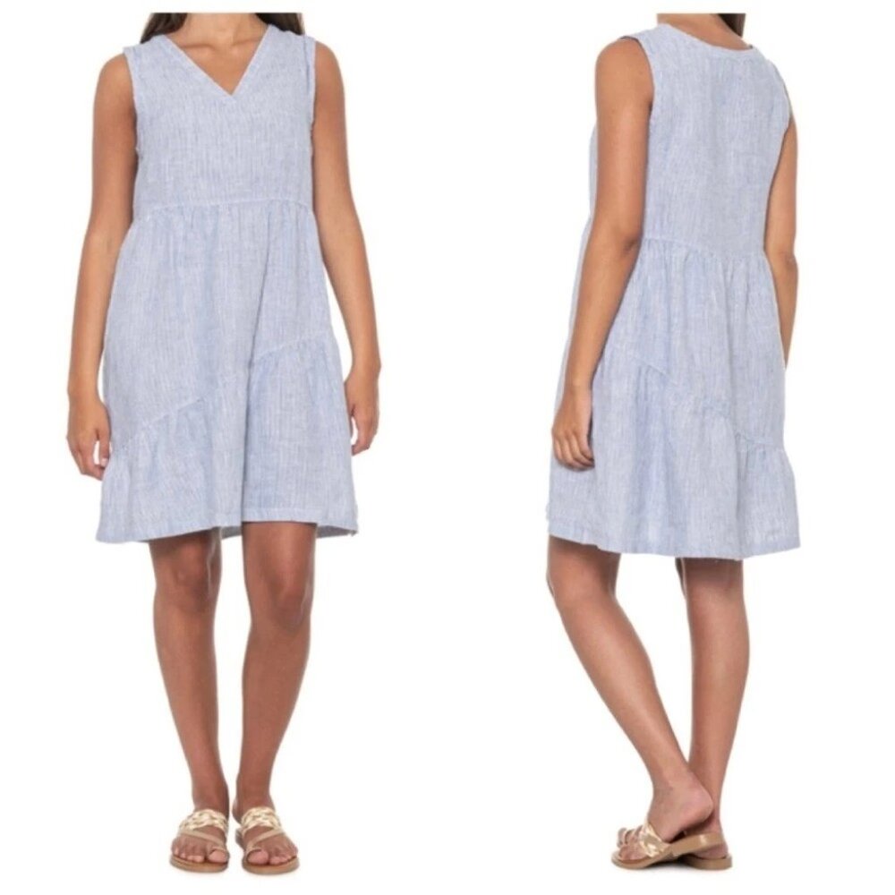 Lucky Brand NEW 100% Linen Tiered Pinstripe Mini Dress Size L White/Blue